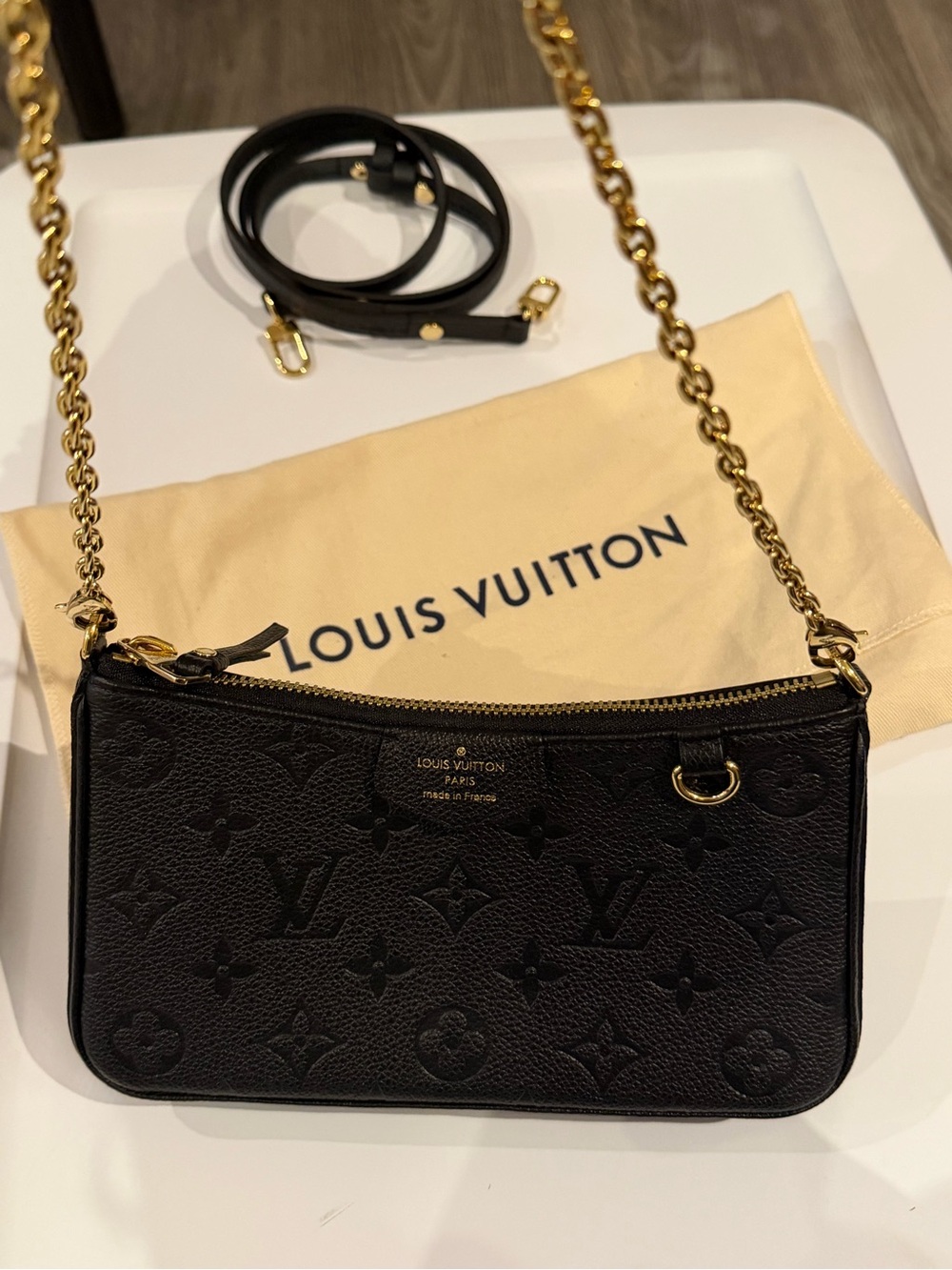 Louis Vuitton Bag - Black Monogram Embossed Chain Mini Pochette w/ Gold Hardware